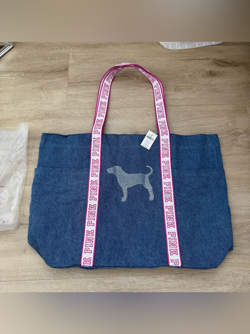 PINK Victoria's Secret Denim Tote Bag Rhinestone Dog